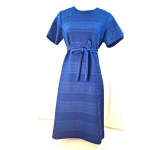 Vintage Sears Fashion 1960s House Dress Navy Blue Patterned Double Knit Belted